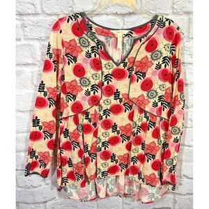 Matilda Jane Shirt Small Red Black Cream Boho Relaxed Pullover Rayon Top